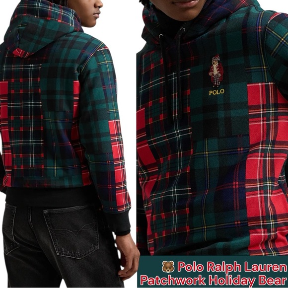 Polo by Ralph Lauren Multicolor Patchwork Hi-Pile Fleece Hoodie Holiday Bear MD - Picture 3 of 16